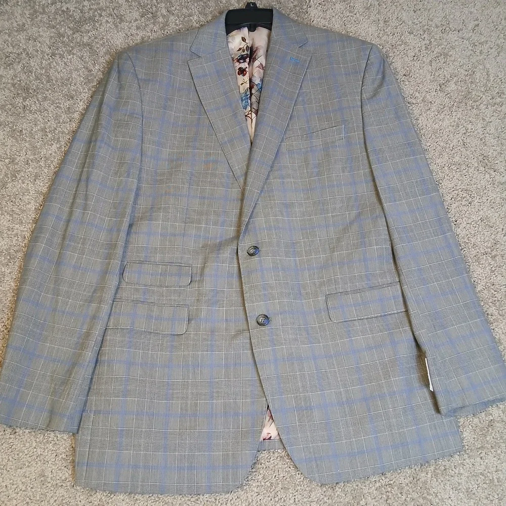 Tayion by Montee Holland Mens Grey Blue Glen Plaid Floral Lining Coat Blazer 44L